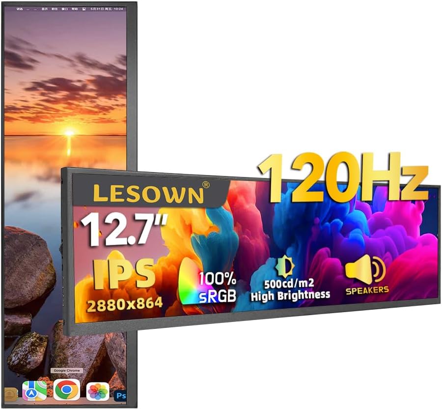 12.7 inch Long Strip Secondary Screen 2880x864 IPS Monitor 120Hz 100% sRGB USB C HDMI QHD Wide External Portable Display for Windows PC
