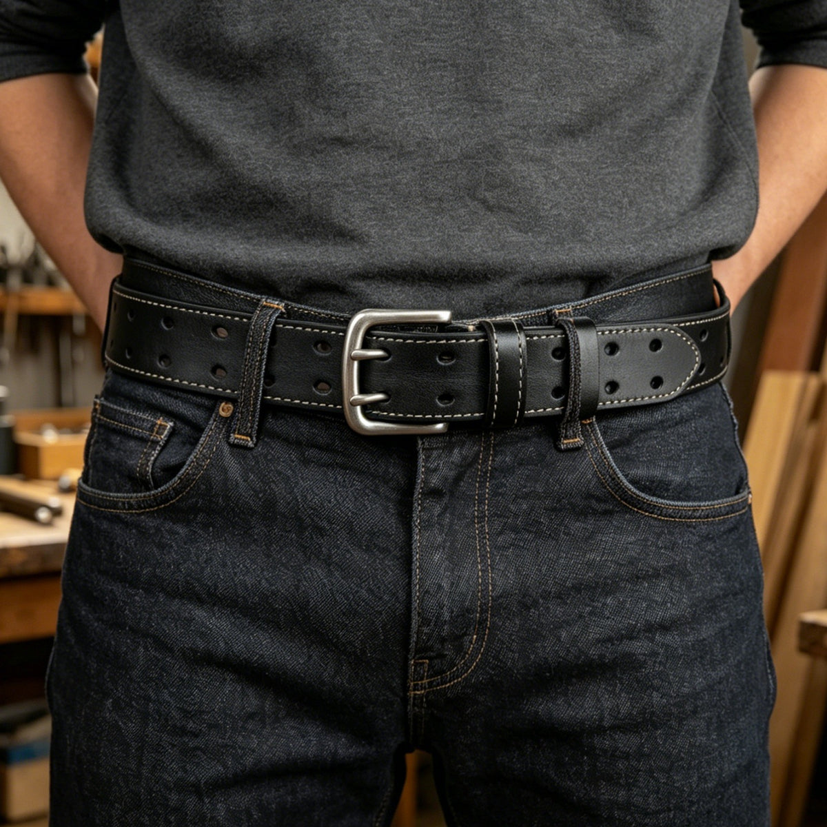 Men's Double-Pin Buckle Leather Belt | SUNPINT