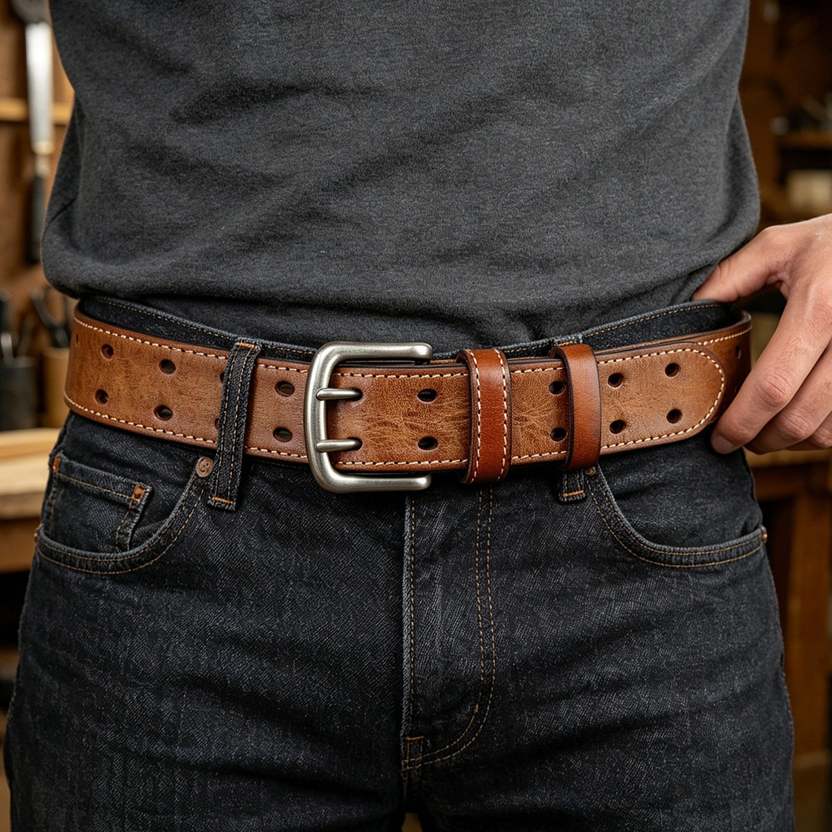 Men's Double-Pin Buckle Leather Belt | SUNPINT