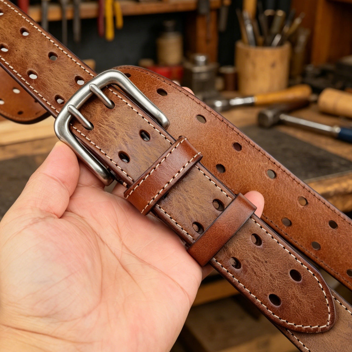 The Outlaw Double-Pin Leather Belt | Heavy-Duty Distressed Cowhide (38mm)