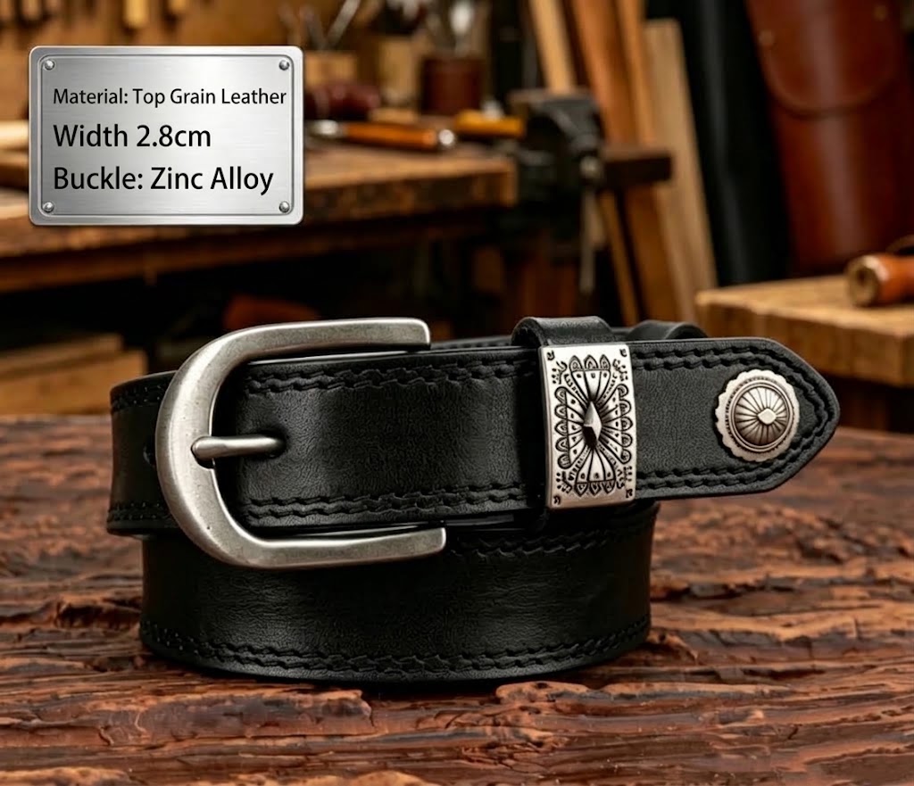 Vintage-style belt made of top-grain cowhide, a versatile and fashionable accessory with a decorative pin buckle